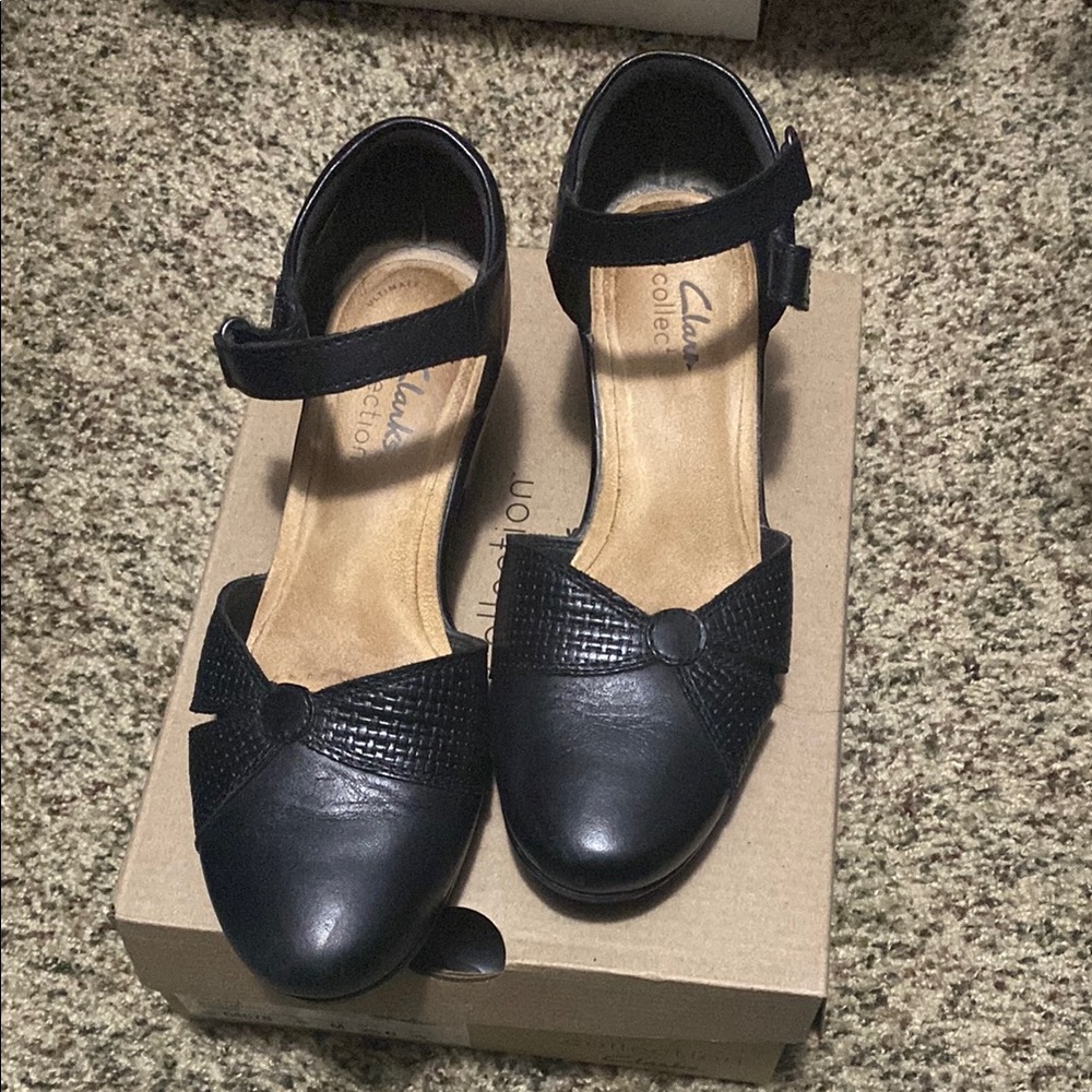Clarks Black Heeled Ankle Strap Shoes